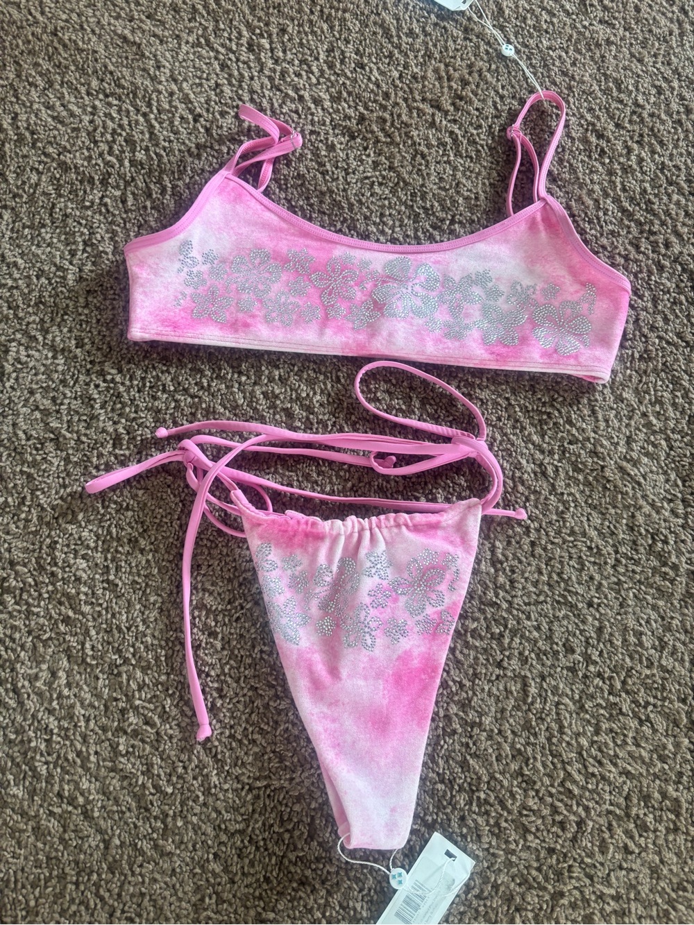 Frankie's Bikinis Pink Tie-Dye Crystal Floral Bikini Set y2k
